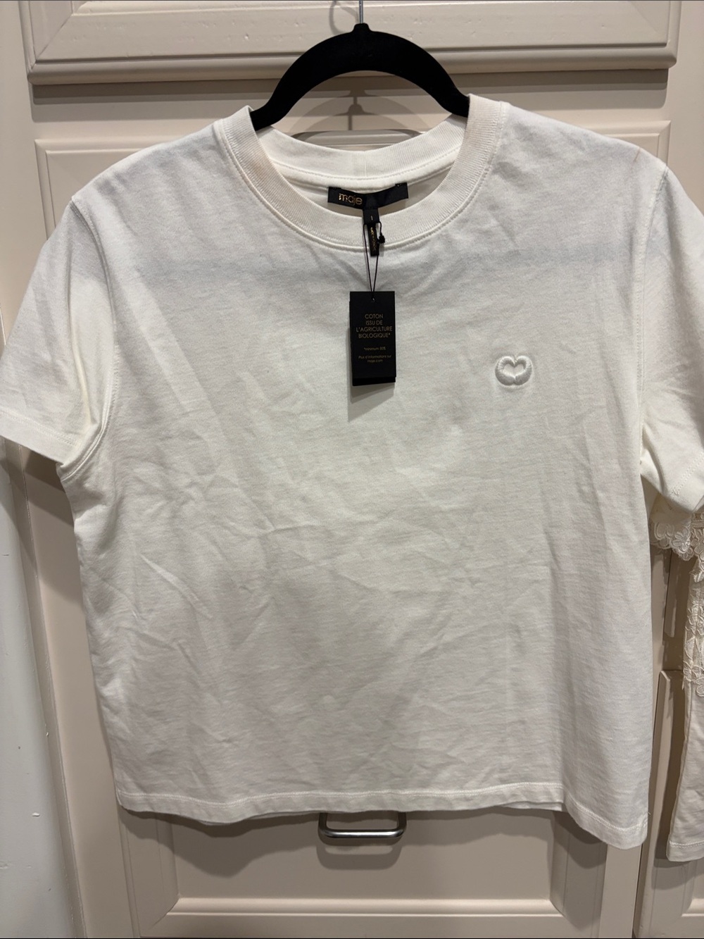 Maje White Short-Sleeve Crewneck Tee with Subtle Heart Logo